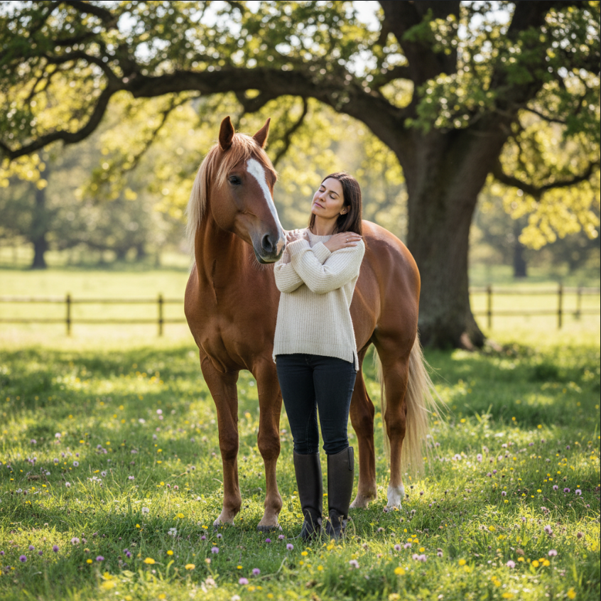 Frau tappen beim pferd